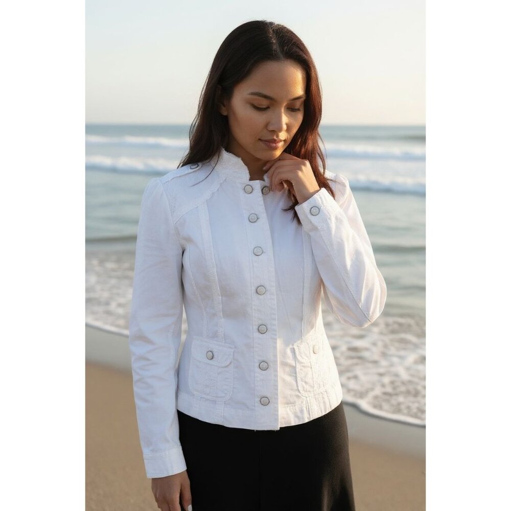 White House Black Market Womens White Long Sleeve Fitted Button-Up Jacket SZ 6